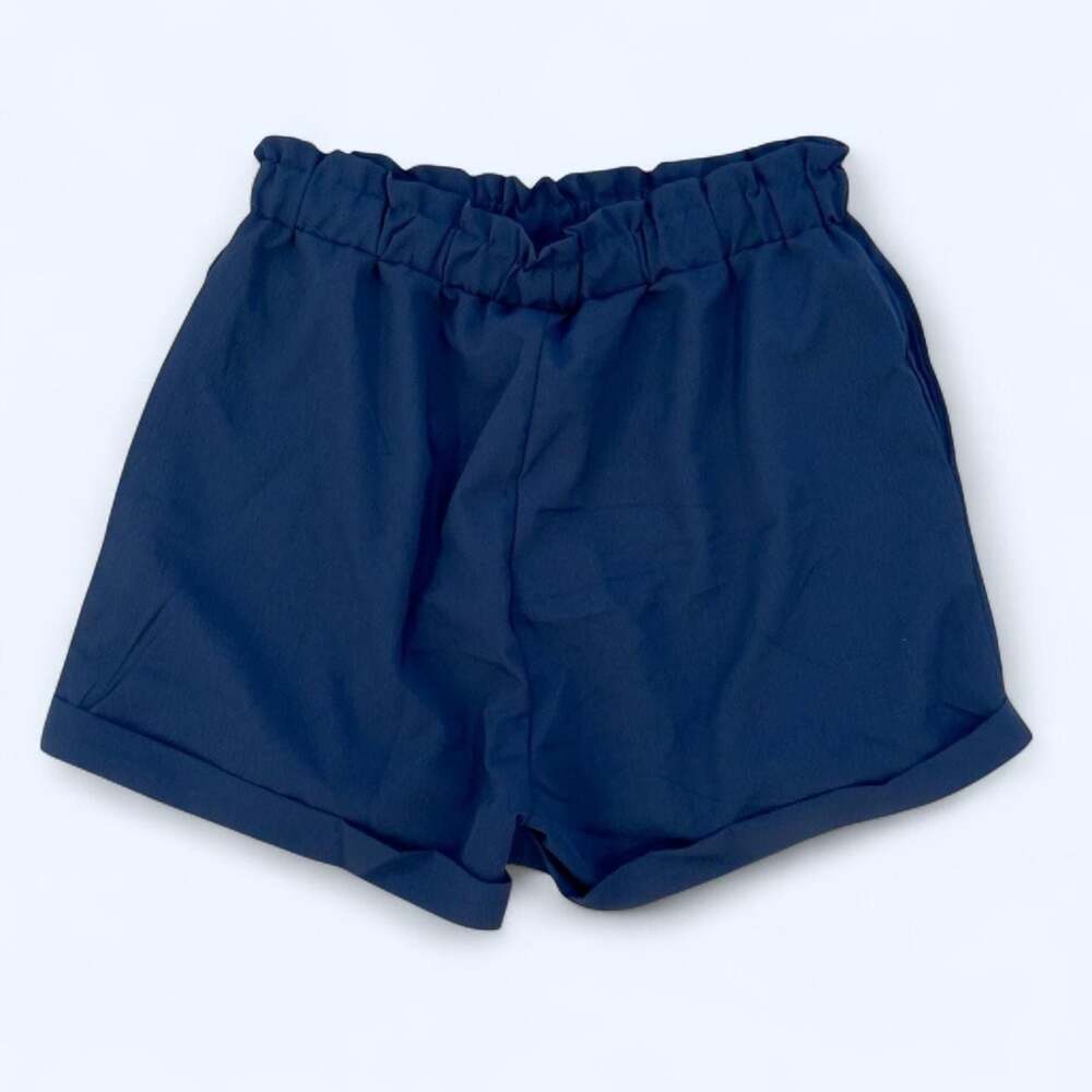 Women's Elastic High-Waist Drawstring Casual Navy Shorts with Cuffed Hem